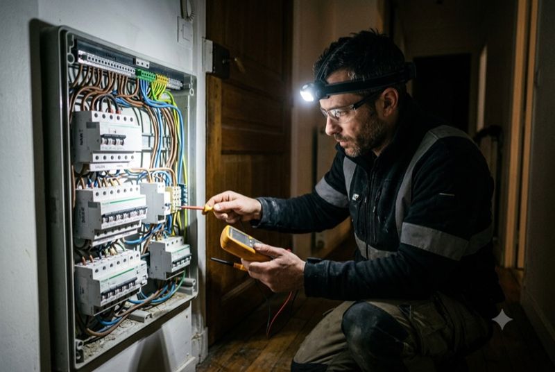 Électricien en recherche de panne sur un tableau électrique